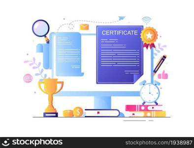 Certificate Document Icon with License Badge, Diploma and Medal for Website, Poster or Brochure Background Vector Illustration