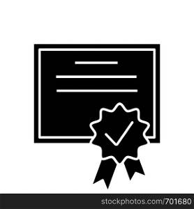 Certificate glyph icon. Diploma. Quality certificate. Award. License. Silhouette symbol. Negative space. Vector isolated illustration. Certificate glyph icon