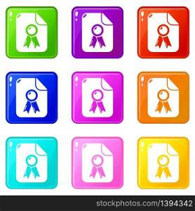 Certificate icons set 9 color collection isolated on white for any design. Certificate icons set 9 color collection