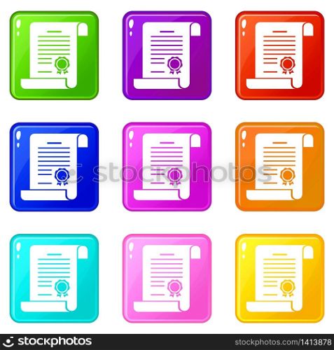 Certificate icons set 9 color collection isolated on white for any design. Certificate icons set 9 color collection