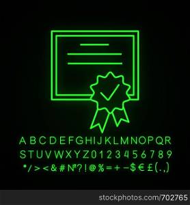 Certificate neon light icon. Diploma. Quality certificate. Award. License. Glowing sign with alphabet, numbers and symbols. Vector isolated illustration. Certificate neon light icon