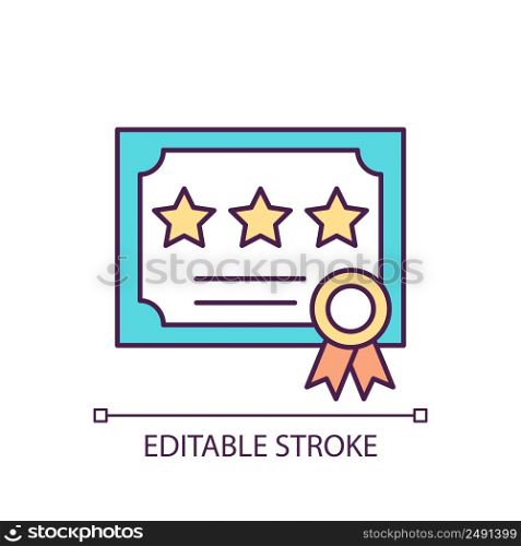 Certificate of completion RGB color icon. Professional achievement award. Course student diploma. Isolated vector illustration. Simple filled line drawing. Editable stroke. Arial font used. Certificate of completion RGB color icon