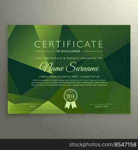 certificate of excellance design with abstract green poly shapes