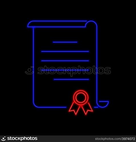 Certificate of honor neon sign. Bright glowing symbol on a black background. Neon style icon.