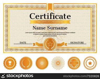 Certificate sample with place for name and surname, date and signature, template of certificate with seal stamps and water marks realistic design vector. Certificate Sample with Place for Name and Surname