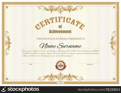 Certificate template and diploma award, vector border frames background. Business achievement and best award certificate diploma with ornate flourish border frames, academy or university college honor. Certificate template, diploma award border frames