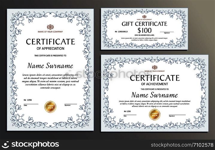 Certificate template set floral, horizontal, vertical, gift voucher, diploma, vintage border