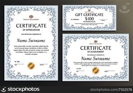 Certificate template set floral, horizontal, vertical, gift voucher, diploma, vintage border