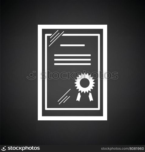 Certificate under glass icon. Black background with white. Vector illustration.