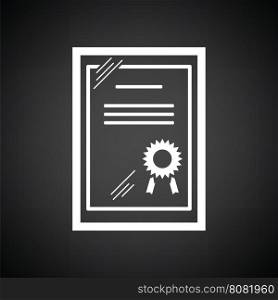 Certificate under glass icon. Black background with white. Vector illustration.