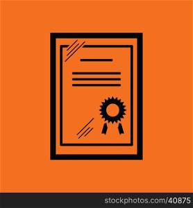 Certificate under glass icon. Orange background with black. Vector illustration.
