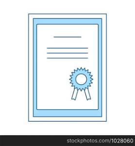Certificate Under Glass Icon. Thin Line With Blue Fill Design. Vector Illustration.