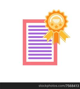 Certificate with honor and circled label with ribbon vector. Page with text, success and achievement of person, isolaited icon document with frame. Certificate with Honor Circled Label with Ribbon