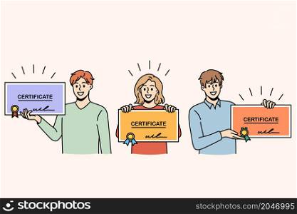 Certificates and education diploma concept. Group of smiling positive people graduates standing holding colorful official certificates with stamps in hands vector illustration . Certificates and education diploma concept.
