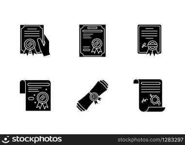 Certificates black glyph icons set on white space. Apostille and legalization. Diploma. Education. Achivement. Award. Legal paper. Notary services. Silhouette symbols. Vector isolated illustration