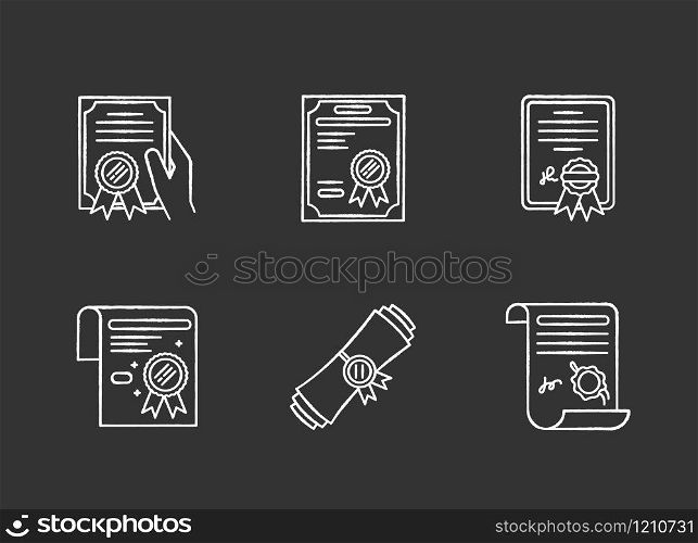 Certificates chalk white icons set on black background. Apostille and legalization. Diploma. Notarized document. License. Achivement. Award. Notary services. Isolated vector chalkboard illustrations