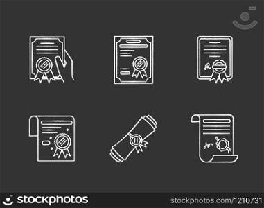 Certificates chalk white icons set on black background. Apostille and legalization. Diploma. Notarized document. License. Achivement. Award. Notary services. Isolated vector chalkboard illustrations