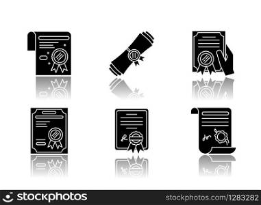 Certificates drop shadow black glyph icons set. Apostille and legalization. Diploma. Notarized document. License. Education. Award. Notary services. Isolated vector illustrations on white space