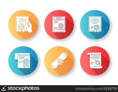 Certificates flat design long shadow glyph icons set. Apostille and legalization. Diploma. Legal document. License. Education. Achivement. Award. Notary services. Silhouette RGB color illustration