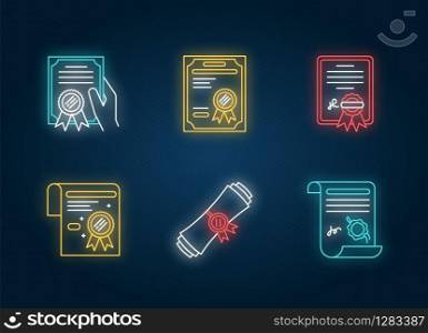 Certificates neon light icons set. Apostille and legalization. Diploma. Notarized document. License. Education. Achivement. Signs with outer glowing effect. Vector isolated RGB color illustrations