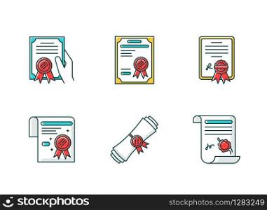 Certificates RGB color icons set. Apostille and legalization. Diploma. Notarized document. License. Education. Achivement. Award. Legal paper. Notary services. Isolated vector illustrations