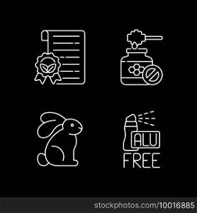 Certified cosmetics white linear icons set for dark theme. No animal cruelty. Lab testing. Night mode customizable thin line symbols. Isolated vector outline illustrations. Editable stroke. Certified cosmetics white linear icons set for dark theme
