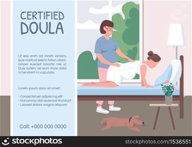 Certified doula poster flat vector template. Prenatal care. Help with child birth. Brochure, booklet one page concept design with cartoon characters. Professional midwife flyer, leaflet. Certified doula poster flat vector template