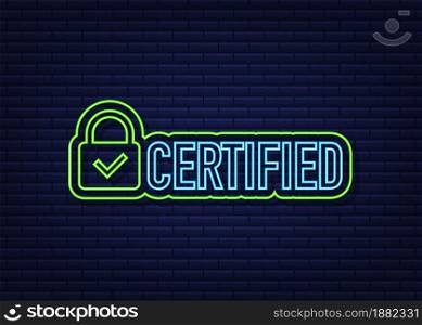 Certified stamp vector isolated on dark background. Neon icon. Certified stamp vector isolated on dark background. Neon icon.