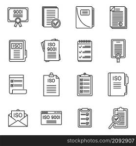 Certified standard icons set outline vector. Iso certificate. Work quality document. Certified standard icons set outline vector. Iso certificate