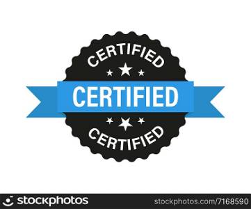 Certified vector isolated sign with blue ribbon on white background. Certified product. Vector label tag. Verified vector. Certified seal icon. EPS 10