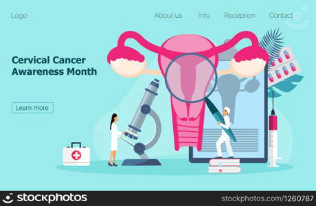 Cervical Cancer Awareness Month is celebrated in January in USA. Tiny doctors examine uterus with magnifier to treat cervical cancer. Health care concept vector,. Cervical Cancer Awareness Month is celebrated in January in USA. Tiny doctors examine uterus with magnifier to treat cervical cancer.