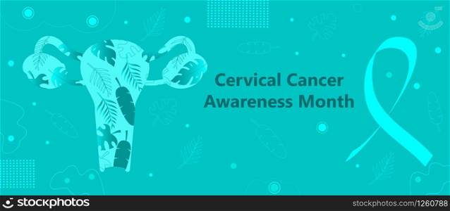 Cervical Cancer Awareness Month is celebrated in January in USA. Metaphor of cervical cancer is shown. Health care uterus concept vector on floral background with teal ribbon and leaves.. Cervical Cancer Awareness Month is celebrated in January in USA. Metaphor of cervical cancer is shown. Health care uterus concept vector on floral background