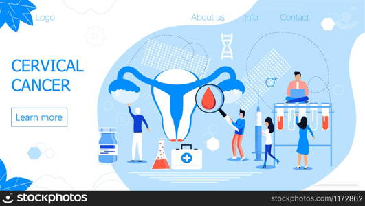 Cervical Cancer concept vector for medical website. Tiny doctors examine uterus with magnifier to to cauterize erosion, examine the papilloma.. Cervical Cancer concept vector for medical website. Tiny doctors examine uterus with magnifier to to cauterize erosion