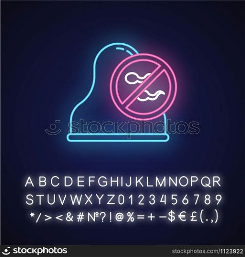 Cervical cap neon light icon. Safe sex. Barrier contraceptive. Condom for pregnancy prevention. STI protection. Glowing sign with alphabet, numbers and symbols. Vector isolated illustration