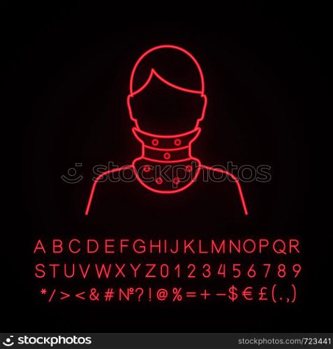 Cervical collar neon light icon. Neck brace. Medical neck support. Glowing sign with alphabet, numbers and symbols. Orthopedic collar. Traumatic head and neck injuries. Vector isolated illustration. Cervical collar neon light icon
