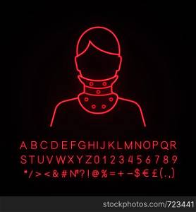 Cervical collar neon light icon. Neck brace. Medical neck support. Glowing sign with alphabet, numbers and symbols. Orthopedic collar. Traumatic head and neck injuries. Vector isolated illustration. Cervical collar neon light icon