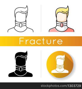 Cervical fracture icon. Broken neck. Human in neck brace, collar. Medical device. Healthcare. Treatment. Injury, trauma. Accident. Linear black and RGB color styles. Isolated vector illustrations