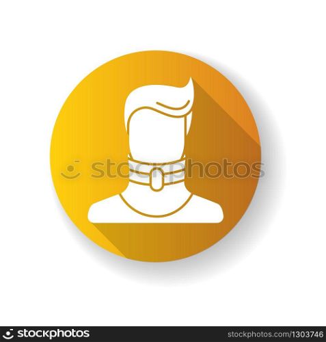 Cervical fracture yellow flat design long shadow glyph icon. Broken neck. Human in neck collar. Medical device. Healthcare. Treatment. Injury, trauma. Accident. Silhouette RGB color illustration