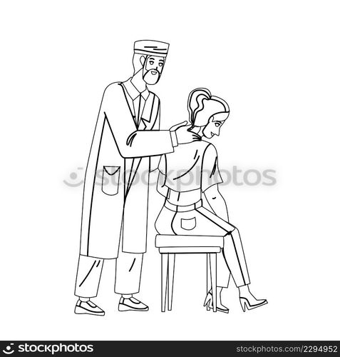 Cervical Spine Examination And Treatment Black Line Pencil Drawing Vector. Doctor Neurologist Checking And Treat Patient Cervical Spine. Characters Man And Woman Medical Healthcare Illustration. Cervical Spine Examination And Treatment Vector