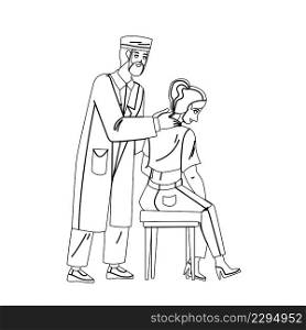 Cervical Spine Examination And Treatment Black Line Pencil Drawing Vector. Doctor Neurologist Checking And Treat Patient Cervical Spine. Characters Man And Woman Medical Healthcare Illustration. Cervical Spine Examination And Treatment Vector