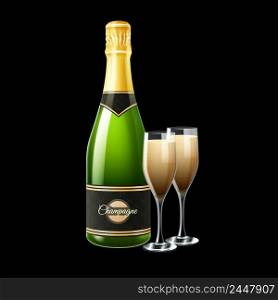 Ch&agne bottle and two glasses on black background realistic vector illustration . Ch&agne Bottle Illustration 