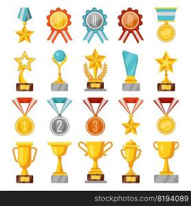 Ch&ion trophy. Winner prize, medal, cup and ribbon. Vector gold and silver sport award set collection illustrations emblem achievements. Ch&ion trophy. Winner prize, medal, cup and ribbon. Vector gold and silver sport award set
