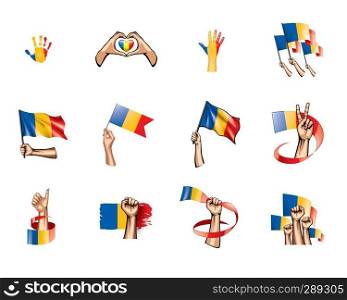Chad flag and hand on white background. Vector illustration.. Chad flag and hand on white background. Vector illustration