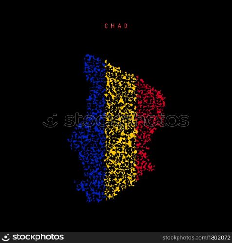 Chad flag map, chaotic particles pattern in the colors of the Chadian flag. Vector illustration isolated on black background.. Chad flag map, chaotic particles pattern in the Chadian flag colors. Vector illustration