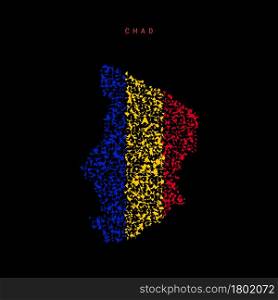 Chad flag map, chaotic particles pattern in the colors of the Chadian flag. Vector illustration isolated on black background.. Chad flag map, chaotic particles pattern in the Chadian flag colors. Vector illustration
