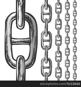 Chain And Links Seamless Pattern In Different Scale Ink Set Vector. Classic Heavy Metal Chain. Linked Rings Elements Engraving Concept Layout Hand Drawn In Vintage Style Black And White Illustrations. Chain And Links Seamless Pattern In Different Scale Vector