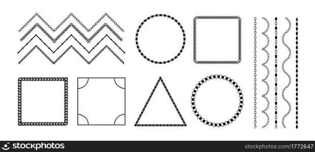 Chain frames. Black metal necklace borders. Isolated silhouettes of jewelry line ornament elements. Decorative geometric shapes. Contour intertwined cord templates. Vector elegant chainlet links set. Chain frames. Black metal necklace borders. Isolated silhouettes of jewelry ornament elements. Decorative geometric shapes. Intertwined cord templates. Vector elegant chainlet links set