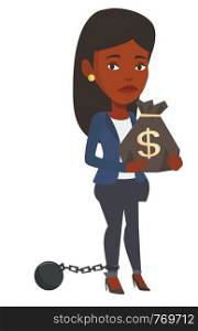 Chained african business woman holding bag full of taxes. Upset taxpayer holding bag with dollar sign. Concept of tax time and taxpayer. Vector flat design illustration isolated on white background.. Chained taxpayer holding bag with dollar sign.