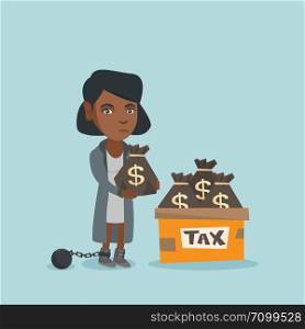Chained african business woman standing near bags with taxes. Young upset business woman holding bag with dollar sign. Concept of tax time and taxpayer. Vector cartoon illustration. Square layout.. Chained business woman with bags full of taxes.