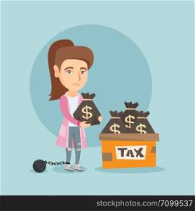 Chained caucasian business woman standing near bags with taxes. Young upset business woman holding bag with dollar sign. Concept of tax time and taxpayer. Vector cartoon illustration. Square layout.. Chained business woman with bags full of taxes.